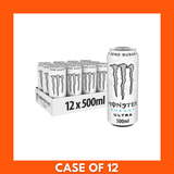 Pack of 12 Monster Ultra White energy drink cans, 500ml each — slim white cans with silver Monster claw logo and 'Zero Sugar' label