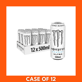 Pack of 12 Monster Ultra White energy drink cans, 500ml each — slim white cans with silver Monster claw logo and 'Zero Sugar' label