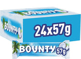 Close-up of a Bounty bar split to show white coconut filling alongside the 24 x 57g multi-pack box