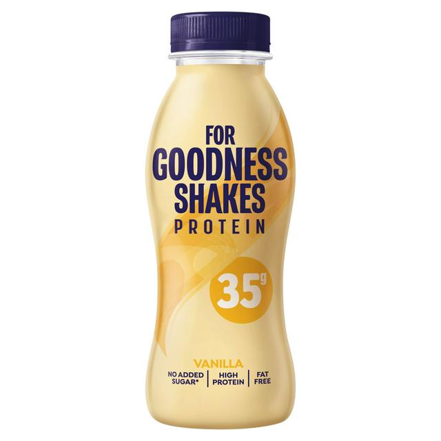Close-up of a single For Goodness Shakes Vanilla 330ml bottle showing the white-and-gold label, brand logo, flavor name and screw cap