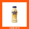 Eight-pack of For Goodness Shakes Vanilla 330ml bottles in a branded cardboard tray — white bottles with gold accents and the 'Vanilla' flavor label visible