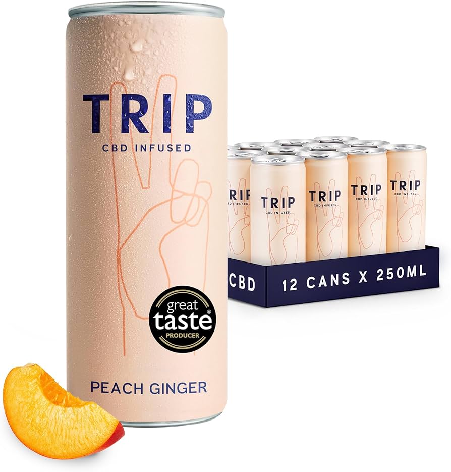 Boxed 12‑pack of Trip MindFul Blends Peach Ginger 250ml bottles, peach-ginger flavored bottled drink for convenient refreshment