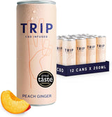 Boxed 12‑pack of Trip MindFul Blends Peach Ginger 250ml bottles, peach-ginger flavored bottled drink for convenient refreshment