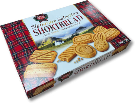 Festive shortbread biscuit gift box with tartan-inspired design
