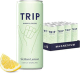 Twelve 250ml TRIP Mind Sicilian Lemon cans arranged in a pack with the brand name and flavor clearly visible
