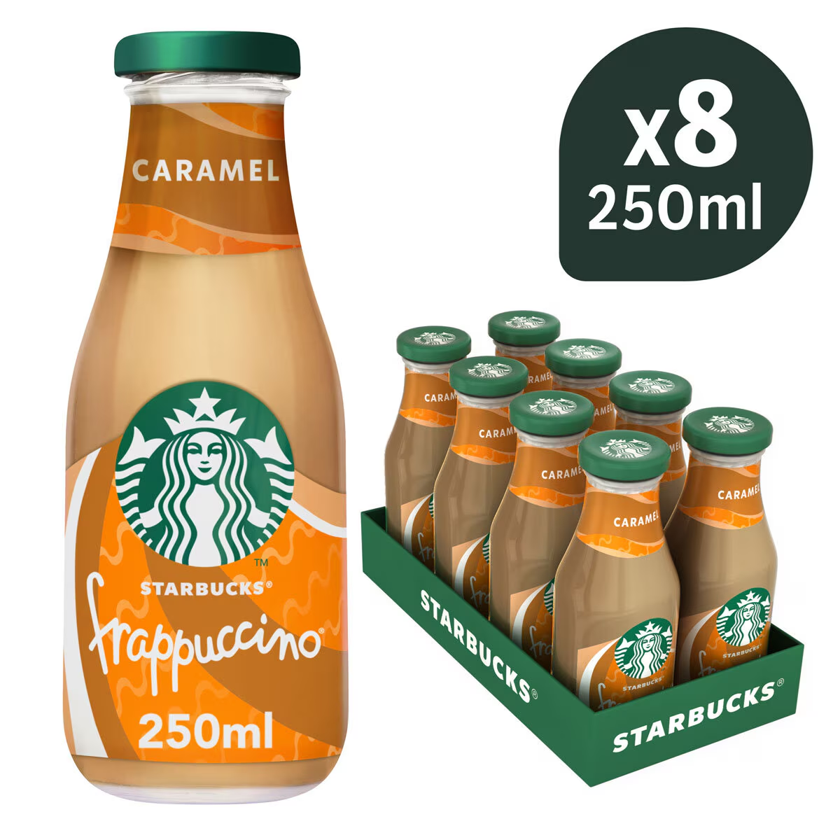 Pack of eight 250ml Starbucks Frappuccino Caramel flavored iced coffee bottles.
