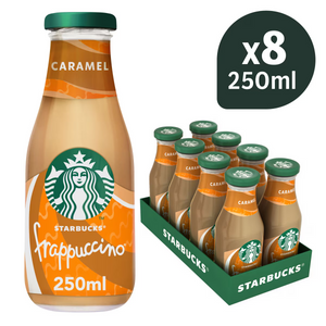 Pack of eight 250ml Starbucks Frappuccino Caramel flavored iced coffee bottles.