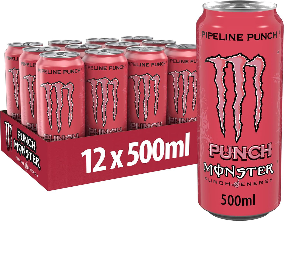 Row of 12 Monster Pipeline Punch 500ml cans (12-pack) with bright tropical graphics and prominent Monster branding, ready for store display