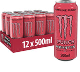 Row of 12 Monster Pipeline Punch 500ml cans (12-pack) with bright tropical graphics and prominent Monster branding, ready for store display