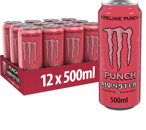 Row of 12 Monster Pipeline Punch 500ml cans (12-pack) with bright tropical graphics and prominent Monster branding, ready for store display