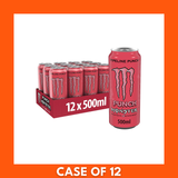 Twelve-pack of Monster Pipeline Punch 500ml energy drink cans in a cardboard tray, showing tropical-themed artwork and the Monster claw logo