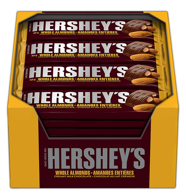 A Hershey’s Almond Chocolate Bar, showing smooth milk chocolate with crunchy almonds.