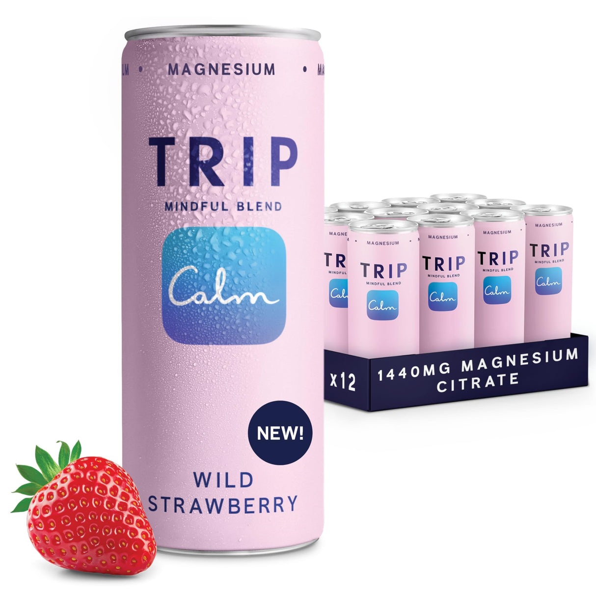 Pack of 12 TRIP Mind Strawberry 250ml bottles, close-up view of a single 250ml bottle with TRIP Mind branding and strawberry artwork on the label