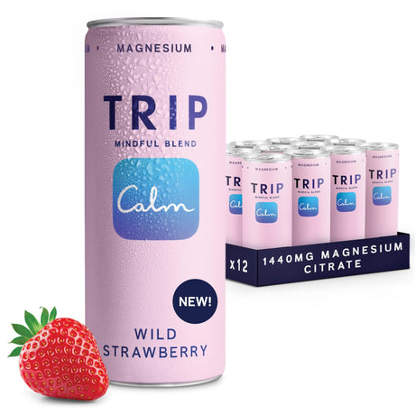 Pack of 12 TRIP Mind Strawberry 250ml bottles, close-up view of a single 250ml bottle with TRIP Mind branding and strawberry artwork on the label