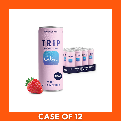 Carton of TRIP Mind Strawberry 12 x 250ml — twelve 250ml bottles in branded packaging showing the TRIP Mind logo and strawberry flavor label