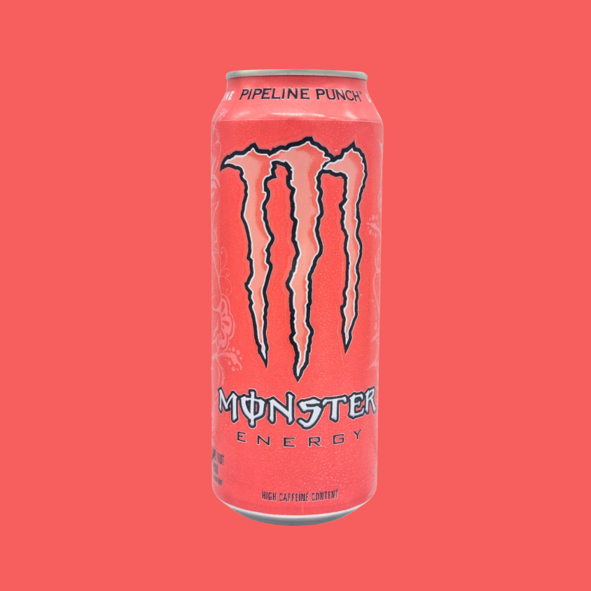 Chilled Monster Pipeline Punch cans with condensation and bright packaging.