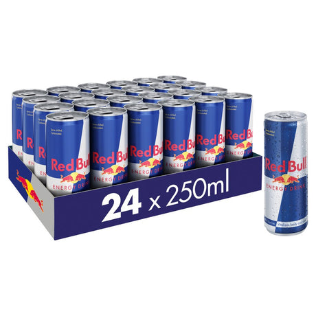 Retail pack of 24 × 250ml Red Bull energy drink slim cans, blue and silver design with Red Bull logo (UK/GB)