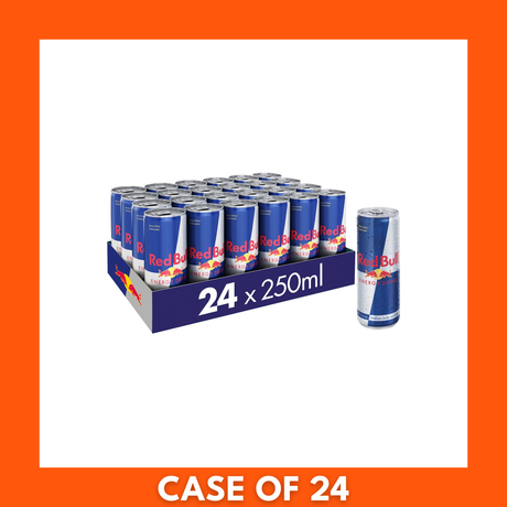 Case of 24 Red Bull 250ml slim cans in blue-silver branded box — Red Bull energy drink (GB pack)