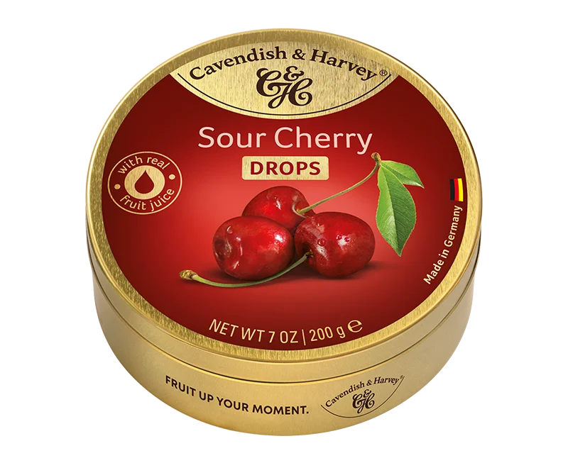 Pack of Cavendish & Harvey Hard Candy Drops Sour Cherry 1 x 200g with visible brand packaging and a pile of vibrant red cherry hard candies