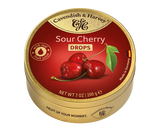 Pack of Cavendish & Harvey Hard Candy Drops Sour Cherry 1 x 200g with visible brand packaging and a pile of vibrant red cherry hard candies