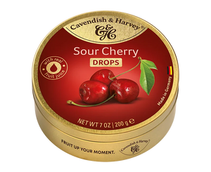 Pack of Cavendish & Harvey Hard Candy Drops Sour Cherry 1 x 200g with visible brand packaging and a pile of vibrant red cherry hard candies