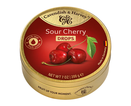 Pack of Cavendish & Harvey Hard Candy Drops Sour Cherry 1 x 200g with visible brand packaging and a pile of vibrant red cherry hard candies