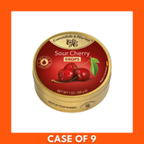 200g Cavendish & Harvey Sour Cherry hard candy drops — close-up of shiny red drop-shaped sweets alongside the product packaging and label