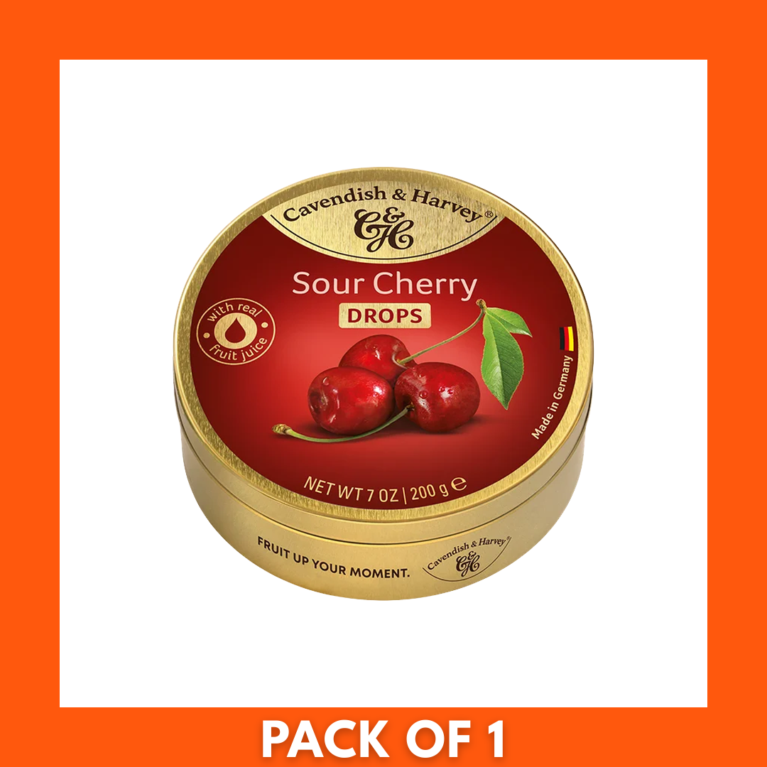 Cavendish & Harvey Hard Candy Drops Sour Cherry 200g pack showing branded label and glossy bright red cherry-flavored drops