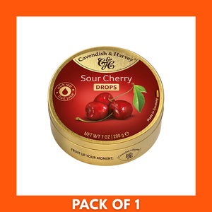 Cavendish & Harvey Hard Candy Drops Sour Cherry 200g pack showing branded label and glossy bright red cherry-flavored drops