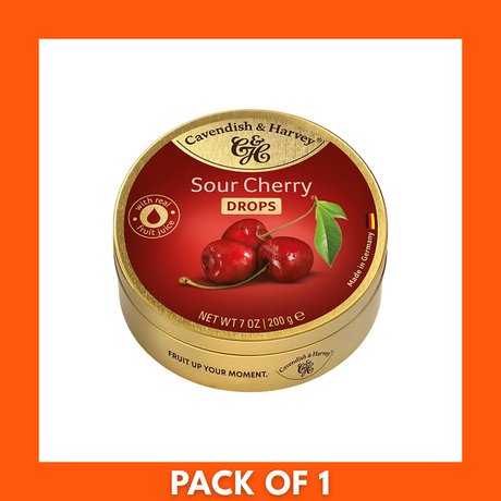 Cavendish & Harvey Hard Candy Drops Sour Cherry 200g pack showing branded label and glossy bright red cherry-flavored drops