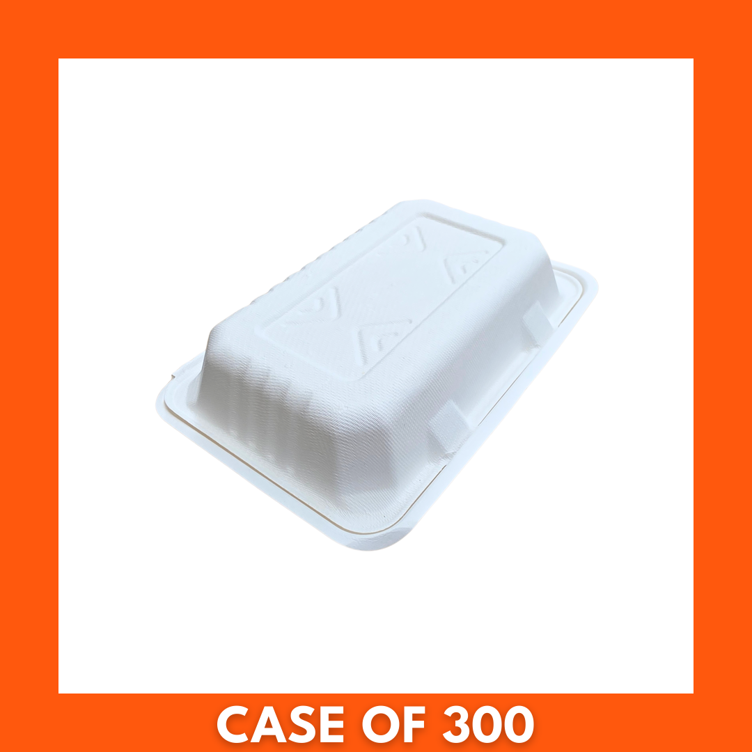 Stacked 300-pack of disposable takeaway clamshell food containers, 9x6-inch, ideal for takeout, catering, and meal prep.
