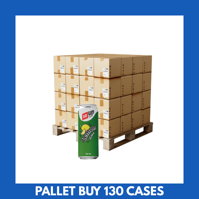 Go Up Lemon flavoured carbonated drink 330ml cans stacked on pallet
