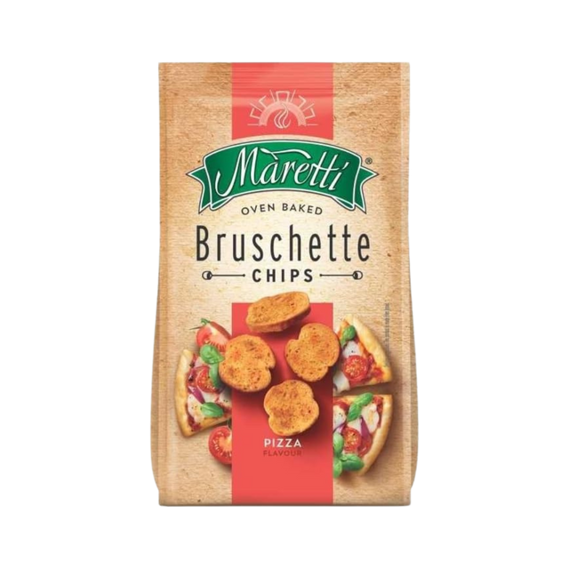 Close-up of Maretti pizza-flavoured bruschette chips