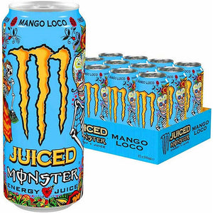 Twelve 500ml Monster Mango Loco cans displayed together, 12‑pack of mango flavored energy drink ready for retail