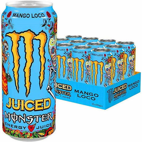 Twelve 500ml Monster Mango Loco cans displayed together, 12‑pack of mango flavored energy drink ready for retail