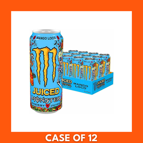 Pack of 12 Monster Mango Loco 500ml cans in a cardboard case showing the Monster logo and mango flavored energy drink