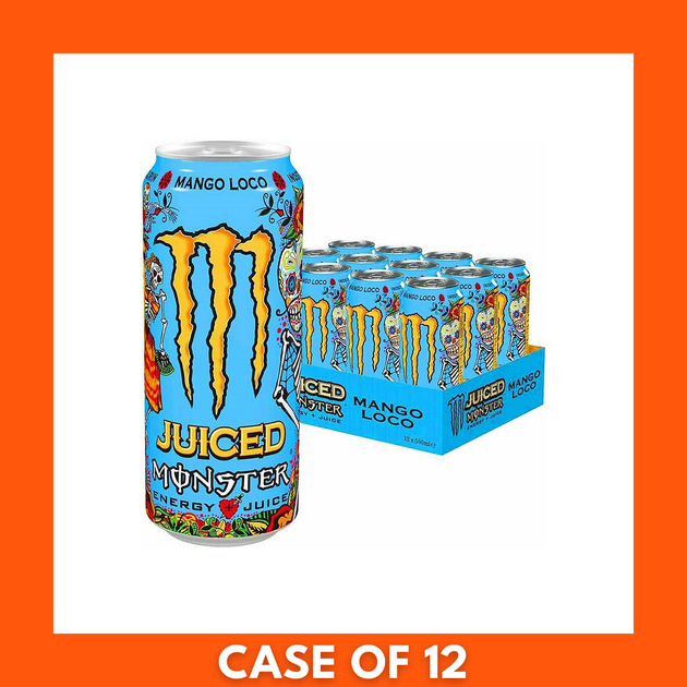 Pack of 12 Monster Mango Loco 500ml cans in a cardboard case showing the Monster logo and mango flavored energy drink