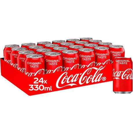 Twenty-four 330ml Coca-Cola red cans arranged in neat rows, showing silver pull-tab tops and the iconic white Coca‑Cola script