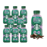 A case of eight Starbucks Protein Drink 20g with Coffee bottles, featuring a Chocolate Mocha flavor, alongside a representation of a chocolate bar.