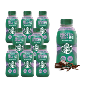A case of eight Starbucks Protein Drink 20g with Coffee bottles, featuring a Chocolate Mocha flavor, alongside a representation of a chocolate bar.