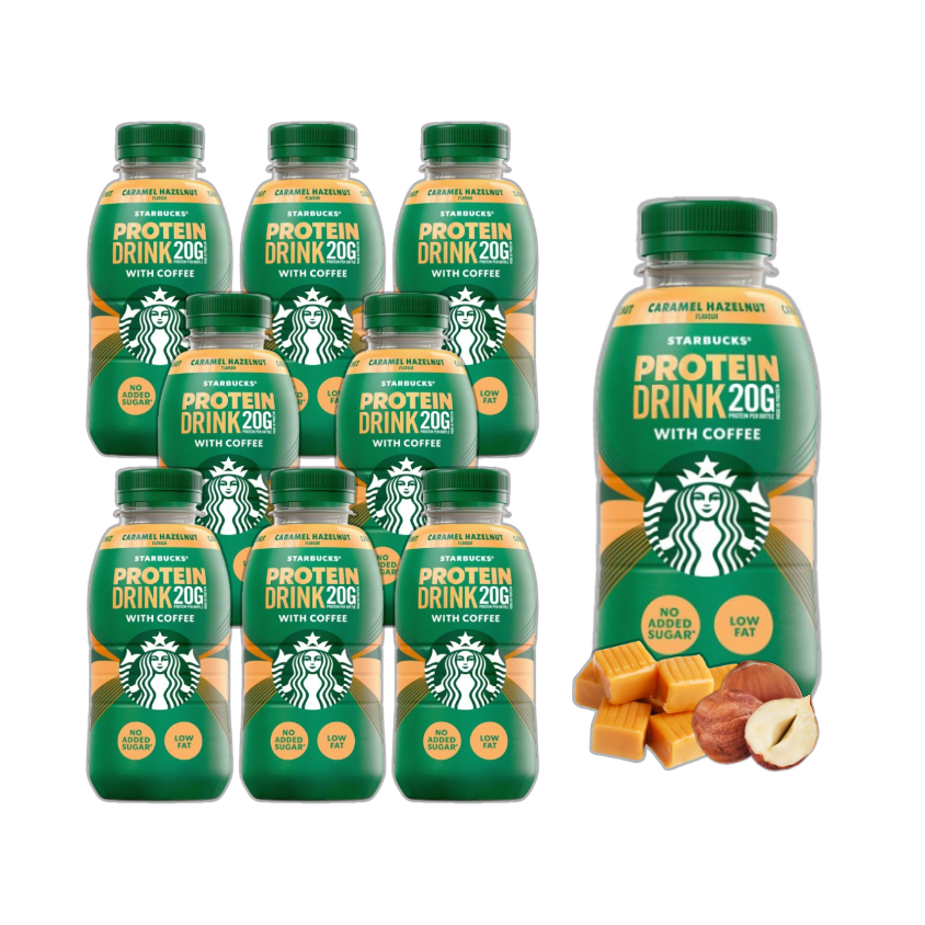 Eight bottles of Starbucks Caramel Hazelnut Flavour Protein Drink, each bottle is 330ml. The packaging is predominantly green with Starbucks branding and the product name prominently displayed.