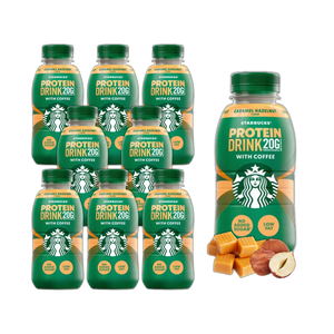 Eight bottles of Starbucks Caramel Hazelnut Flavour Protein Drink, each bottle is 330ml. The packaging is predominantly green with Starbucks branding and the product name prominently displayed.
