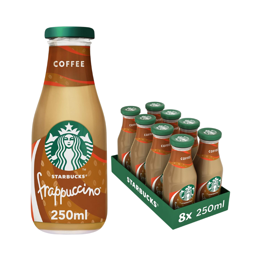 A case of Starbucks Frappuccino Coffee drink in 250ml bottles, with the branding and logo visible. The case contains 8 bottles.