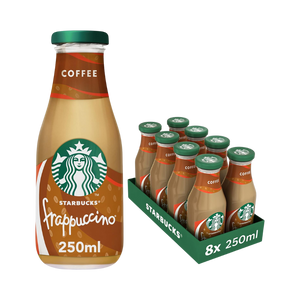 A case of Starbucks Frappuccino Coffee drink in 250ml bottles, with the branding and logo visible. The case contains 8 bottles.