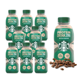 A set of eight Starbucks Protein Drink 200g bottles with coffee, arranged in two rows of four, alongside a cup of coffee beans.