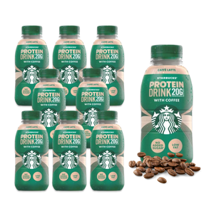 A set of eight Starbucks Protein Drink 200g bottles with coffee, arranged in two rows of four, alongside a cup of coffee beans.