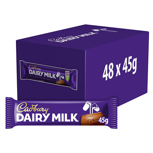Open shipping box of Cadbury Dairy Milk 48 x 45g displaying rows of purple-wrapped 45g chocolate bars and '48 x 45g' quantity printed on the outer carton