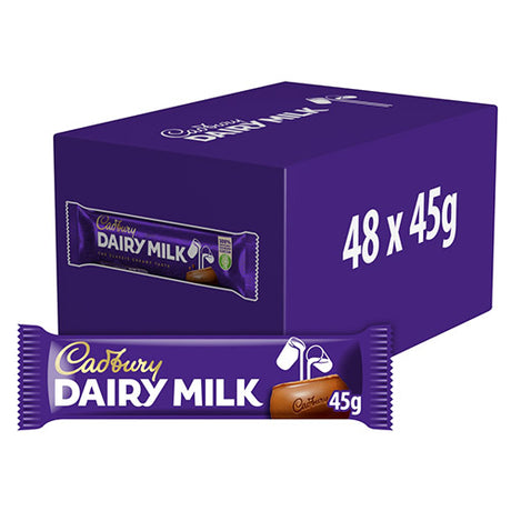 Open shipping box of Cadbury Dairy Milk 48 x 45g displaying rows of purple-wrapped 45g chocolate bars and '48 x 45g' quantity printed on the outer carton