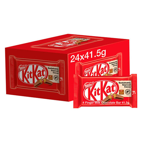 Multipack of 24 Kit Kat 4-Finger milk chocolate wafer bars (41.5g each), red sleeve with visible logo and stacked wrapped bars highlighting the crispy wafer layers.