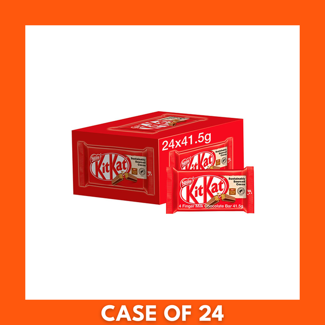 Box of Kit Kat 4 Finger Chocolate Bars — 24 individually wrapped 41.5g bars in red branded packaging showing the Kit Kat logo and chocolate-coated wafer fingers.